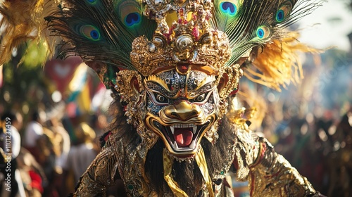 A dynamic performance of Tari Reog, featuring a powerful figure in an ornate lion mask, with an enormous and intricately detailed peacock-feather crown.  photo