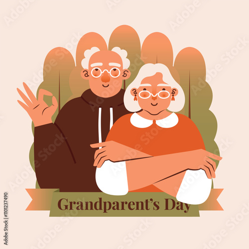 Grandparent's day. Square banner template with illustration of old couple, senior woman, senior man hugs on nature background. Cute vector card with text. Flat Design. Cartoon old people.