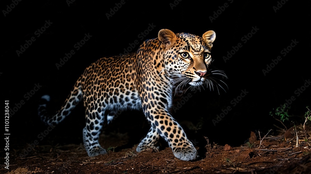 Obraz premium night adult leopard photo with flash.