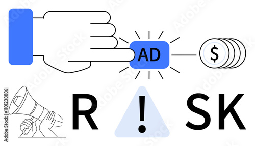 Hand pressing ad button with exclamation mark warning triangle, coins, and megaphone. Ideal for marketing strategy, advertising costs, financial planning, risk management, investment caution, budget