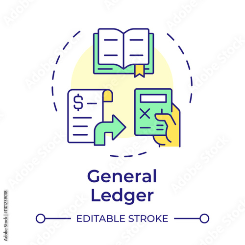 General ledger multi color concept icon. Banking statement, calculation. Business, accounting. Round shape line illustration. Abstract idea. Graphic design. Easy to use in infographic, presentation