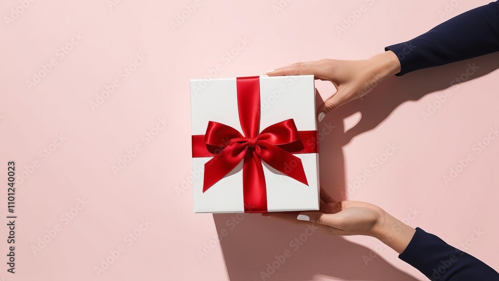 top view photo of woman's hands giving big white giftbox with red silk ribbon bow on isolated pastel pink background with blank space top view photo of woman's hands giving big white giftbox with red silk ribbon bow on isolated pastel pink background with blank space