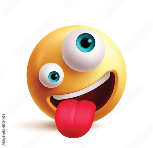 Crazy emoji clipart 3d character. Goofy emoji face with big eyes, tongue, silly, joking, joyful and humor facial expression graphic element. Vector illustration crazy emoticon clip art. 
