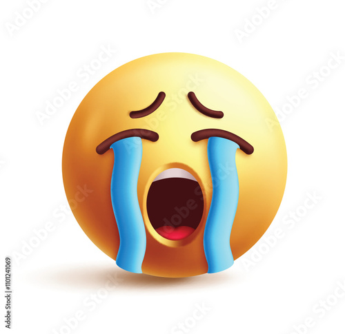 Sob emoji clipart 3d character. Crying emoji face, tear drops, open mouth, grief, sad, depressed and unhappy facial expression yellow icon graphic element. Vector illustration sob emoticon clip art. 
