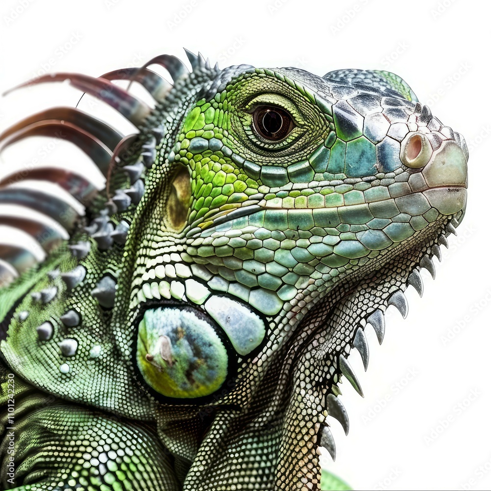 Green iguana posing on a white background, showing its beautiful scales Green iguana posing on a white background, showing its beautiful scales