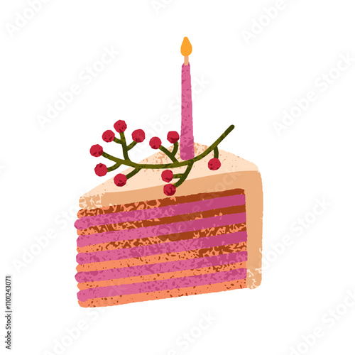 Cake slice, birthday dessert, cut piece. Holiday confectionery with festive c...