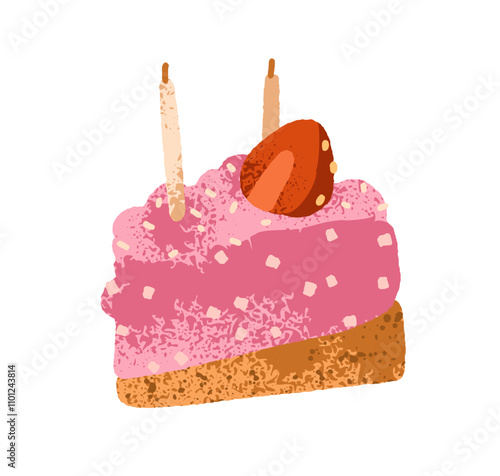 Birthday cake slice with candle, cream, strawberry. Sweet festive dessert with berry decor. Delicious confectionery treat, pastry, cut piece. Flat vector illustration isolated on white background