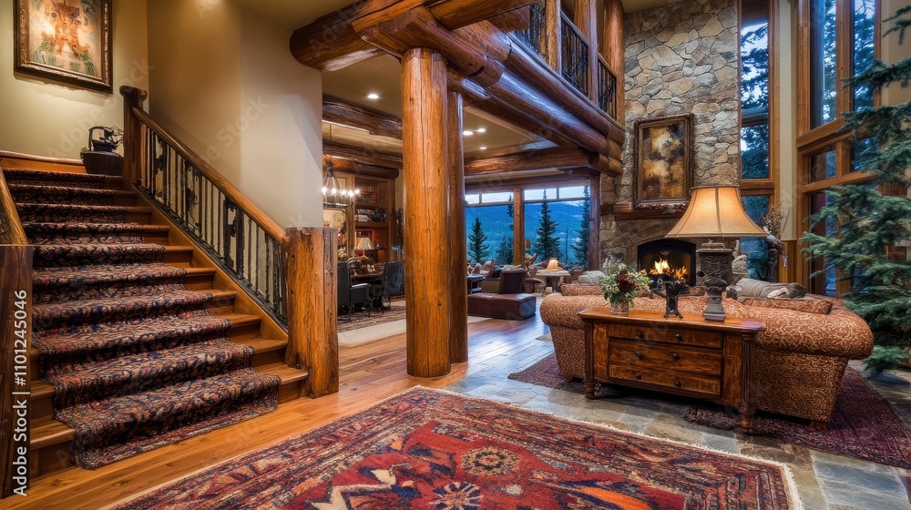 Naklejka premium Cozy Rustic Mountain Cabin Interior with Wooden Beams and Stairs