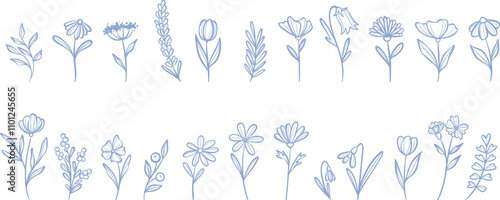 Cute flower doodles, adorable vector line art floral illustrations, spring decorative clip art elements, isolated