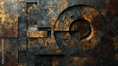 Modern Industrial Art: Geometric Shapes and Metallic Textures in Gold and Black photo