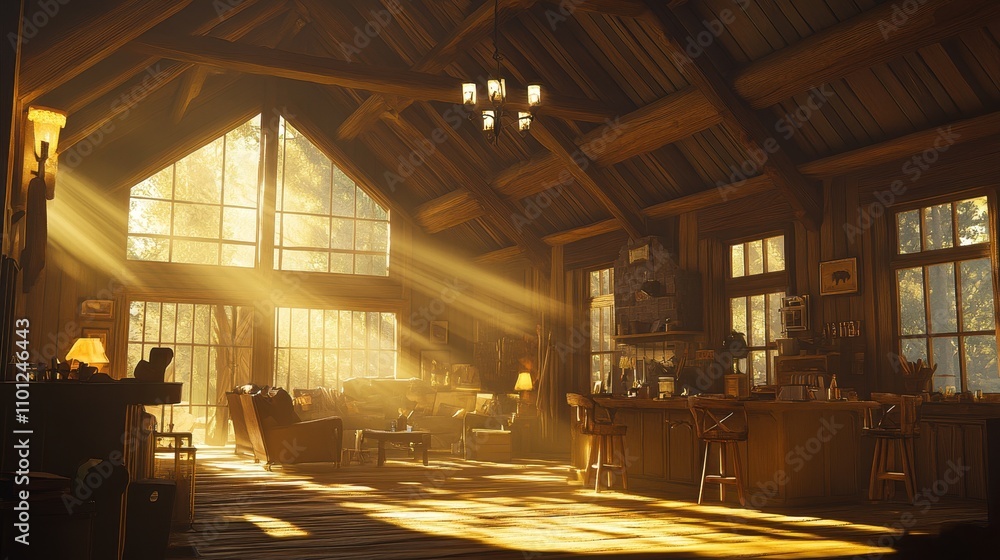 Cozy Interior of a Rustic Mountain Lodge in the Evening Glow Cozy Interior of a Rustic Mountain Lodge in the Evening Glow