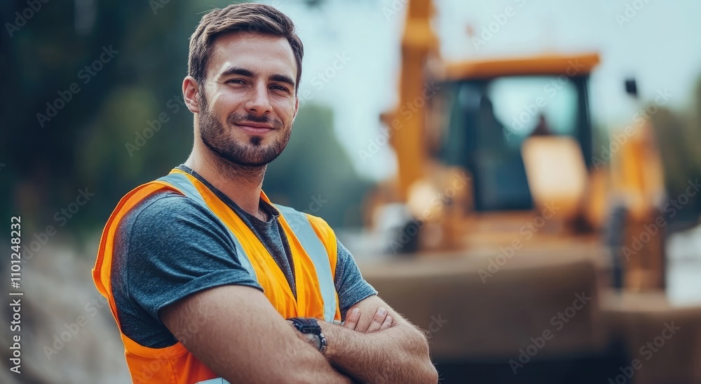 A smiling construction worker in an orange safety jacket stands with his arms crossed, looking directly at the camera on top of a dirt road next to a bulldozer and a backhoe A smiling construction worker in an orange safety jacket stands with his arms crossed, looking directly at the camera on top of a dirt road next to a bulldozer and a backhoe