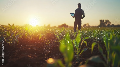 farmer using digital tablet in corn crop cultivated field with smart farming interface icons and light flare sunset effect. Smart and new technology for agriculture business concept