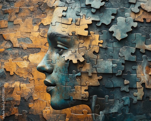 Jigsaw puzzle pieces forming a man s face against a textured background, surreal and abstract representation of personality and inner thoughts