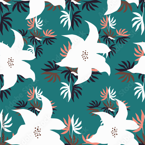 Trendy Floral pattern in the many kind of flowers. Tropical botanical Motifs scattered random. Seamless vector texture. Printing with in hand drawn style on dark background