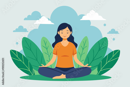 Meditation practice in nature, woman sitting cross-legged, serene expression, surrounded by green leaves and clouds, peaceful atmosphere, vector illustration, isolated, flat