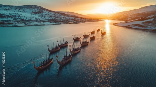 Viking ships glide over calm waters near a snowy shoreline as the sun sets..At sunset, Viking ships navigate peaceful seas adjacent to a snowy coastline..The sun descends as Viking ships float on