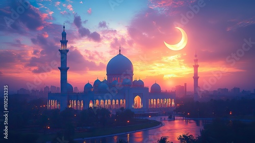 mosques dome on dark blue twilight sky and crescent moon on background symbol islamic religion ramadan and free space for text arabic eid al adha eid al fitr mubarak islamic new year muharra photo