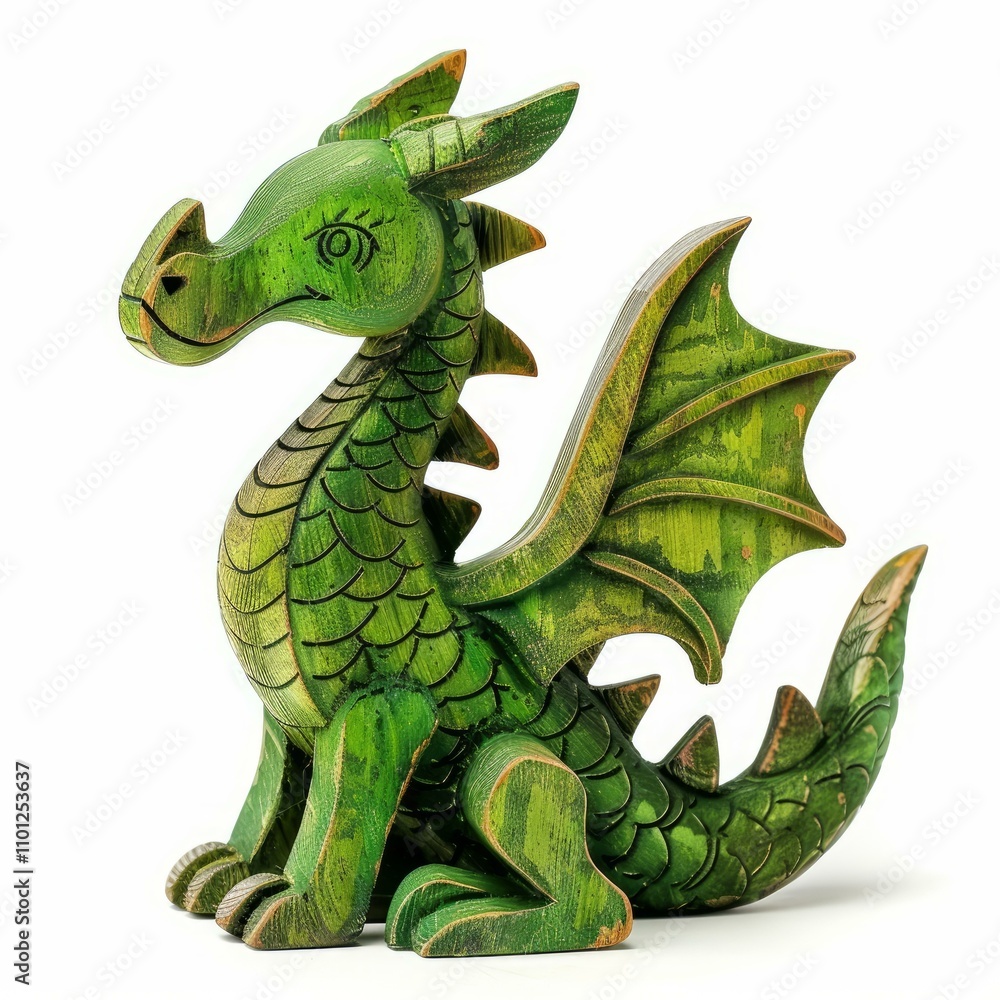Fototapeta premium Green wooden dragon toy with big wings and tail sitting on white background