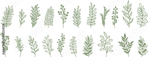 Green cute tiny plant doodles, vector leaf illustration set, line art leaves, isolated