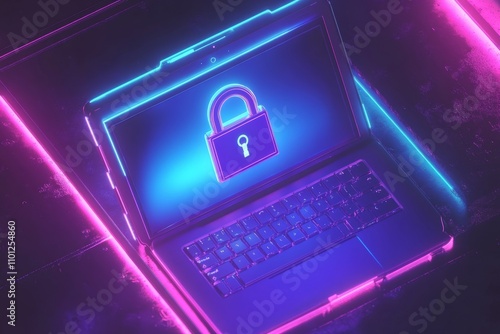 A futuristic data protection concept featuring a glowing low-polygonal laptop and a protective shield with an access lock, isolated on a bright blue background, showcasing a contemporary wireframe photo