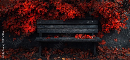 Autumnal park bench under red leaves. photo