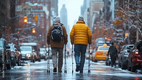 older man uses crutches to walk a man uses a crutch to lessen pain associated with weight bearing on an arthritic joint walking on a city street with crutch support