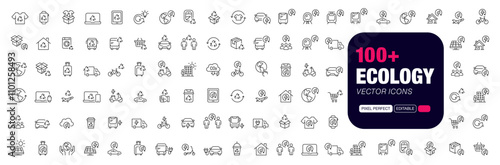 100+ Pixel perfect modern ui vector icons. Ecology, sustainable living, green and zero waste practices