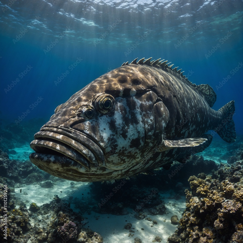 Obraz premium A giant grouper resting near a shipwreck in deep, crystal-clear water.