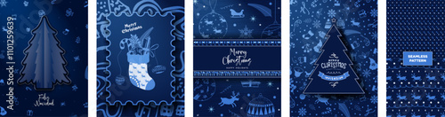 Blue Gradient Merry Christmas Greeting Card Posters, Xmas invitation template, and patterned background. Decorative Christmas Elements in monochromatic blue colors. Two seamless christmas patterns. 