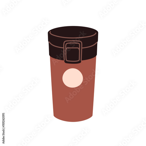 Thermal mug, travel tumbler with lid. Insulated vacuum thermo cup for hot beverage, tea drink. Takeout drinkware closed with cap. Flat graphic vector illustration isolated on white background