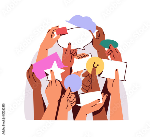 Communication, group opinion, society and public feedback. Concept with hands holding speech bubbles. Crowd sharing opinions and emotions. Flat vector illustration isolated on white background
