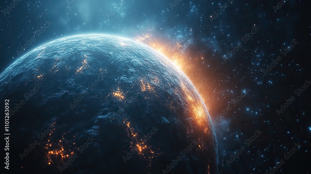 Obraz premium planet in the digital space with glowing lines rendering