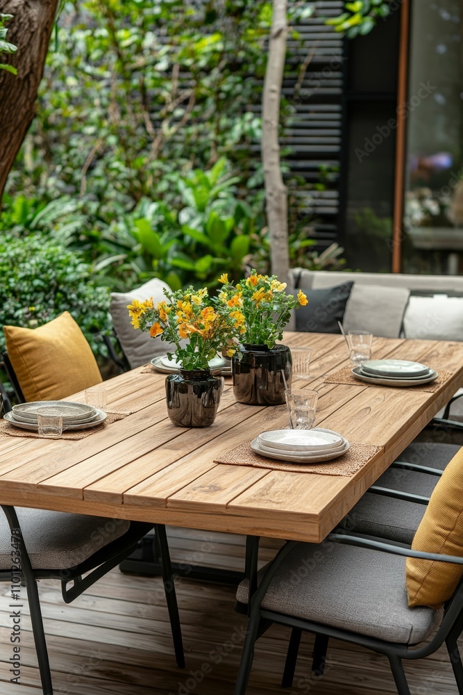 Fototapeta premium Outdoor wooden table, yellow flowers, place settings.