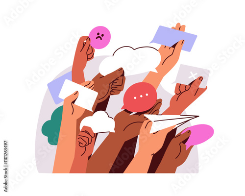 Protest, strike concept with hands holding negative feedback, bad opinion. Discontent crowd, public, community rally. Group communication. Flat vector illustration isolated on white background