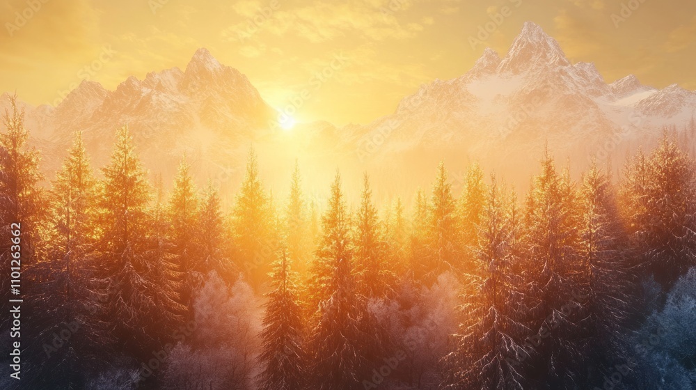 Fototapeta premium A serene sunrise over a snowy mountain landscape, with vibrant colors illuminating the scene.
