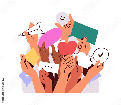 Opinion and feedback sharing, commenting, crowd support with likes, emojis. Hands holding messages, hearts, reactions for communication. Concept flat vector illustration isolated on white background