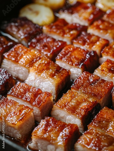 A delicious close-up of roasted pork belly cubes, showcasing the crispy skin and tender meat, perfect for culinary themes or recipe ideas. photo