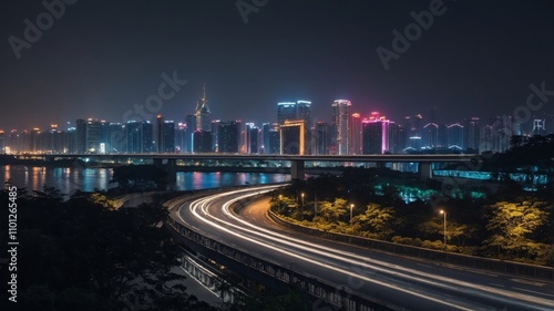 Asphalt road and bridge with ningbo city skyline