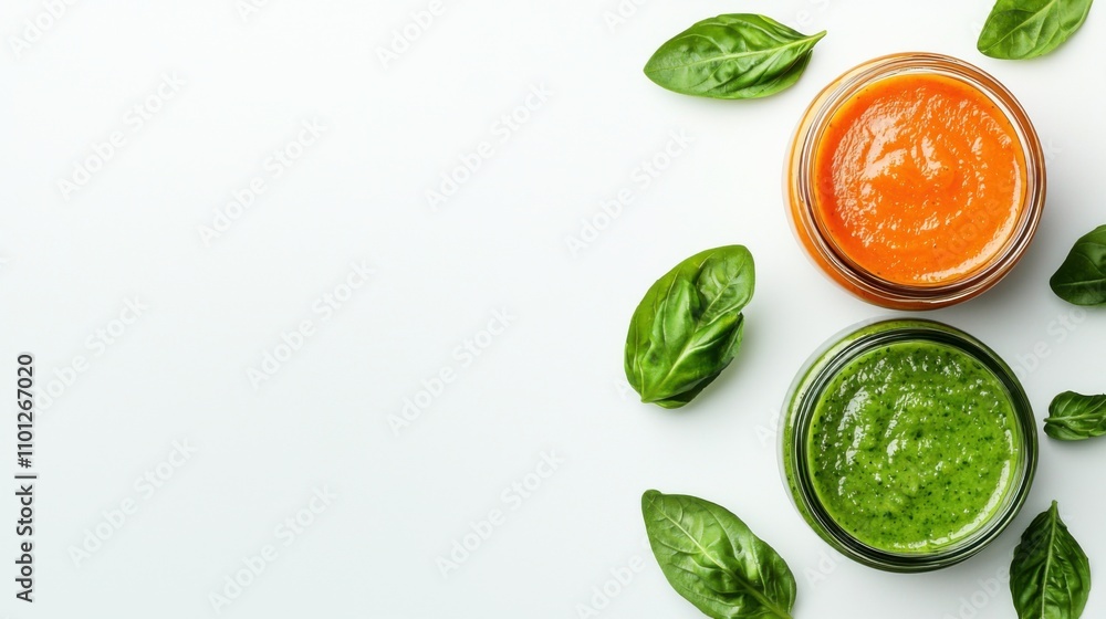 Obraz premium Vibrant green basil and rich orange tomato sauces in glass jars, surrounded by fresh basil leaves, displayed on a light background for contrast.