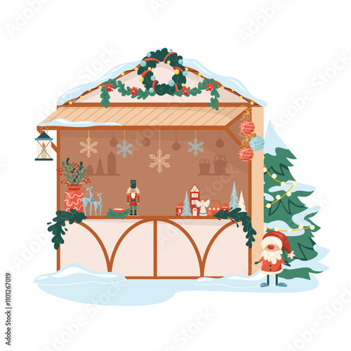 Wooden booth gift shop with souvenirs, decorations and Santa at Christmas stall market. Traditional festive winter outdoors shopping store on holiday fair marketplace Flat vector illustration isolated