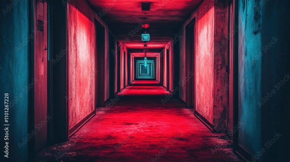 Fototapeta premium Crimson Passageway: A Surreal Corridor of Illumination