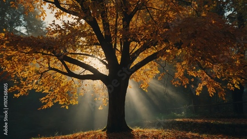 Autumn tree glowing radiantly in sunlight