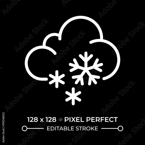 Snow white linear icon for dark theme. Cloud with snowflakes falling. Snowy weather or winter conditions. Weather forecast. Thin line illustration. Isolated symbol for night mode. Editable stroke