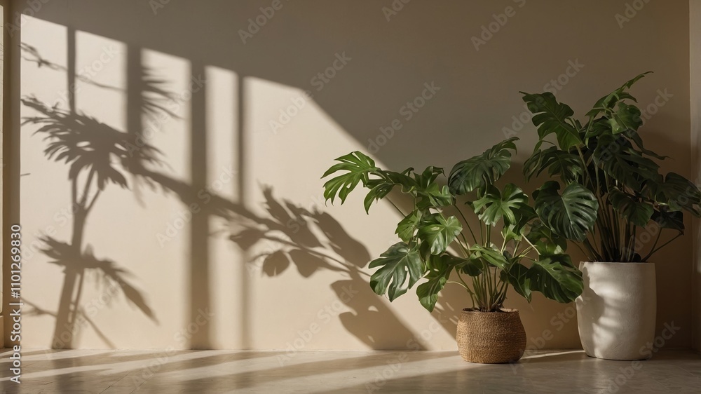 Fototapeta premium Beige wall with leaf shadows for product banner