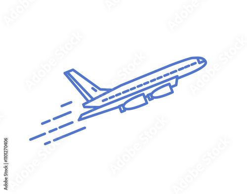 Airplane taking off. Air plane, aircraft line-art icon. Passenger airliner, aeroplane, avia transport flying, traveling. Contoured outlined flat vector illustration isolated on white background