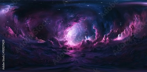 A 360-degree equirectangular projection featuring a space background with a nebula and stars, functioning as an environment map. This is an HDRI spherical panorama.