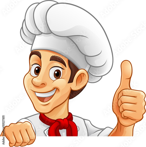 A chef or baker cartoon cook food man mascot character peeking around a sign or menu with copy space illustration