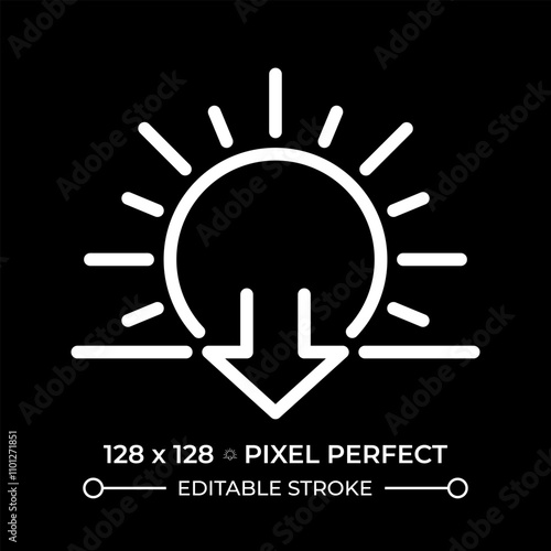 Sunset white linear icon for dark theme. Sun and downward arrow symbol. Evening time. Dusk. Transition from day to night. Thin line illustration. Isolated symbol for night mode. Editable stroke