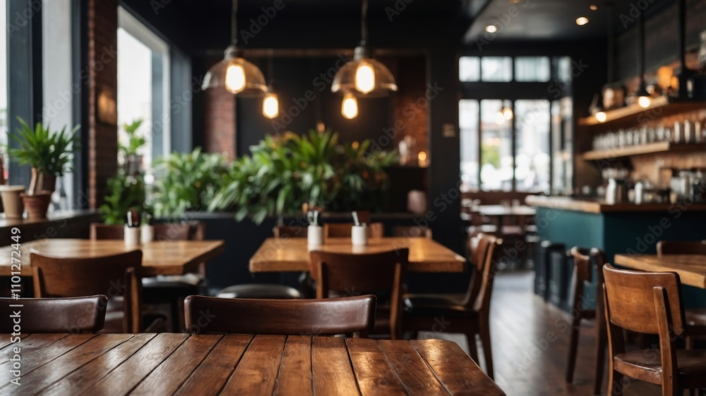 Fototapeta premium Blurred coffee shop interior with wooden table display